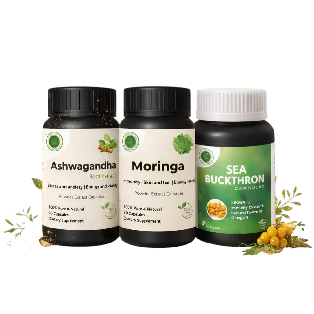 Triple Vitality Herbal Combo – Ashwagandha, Moringa & Sea Buckthorn Capsules