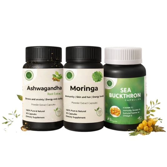 Triple Vitality Herbal Combo – Ashwagandha, Moringa & Sea Buckthorn Capsules