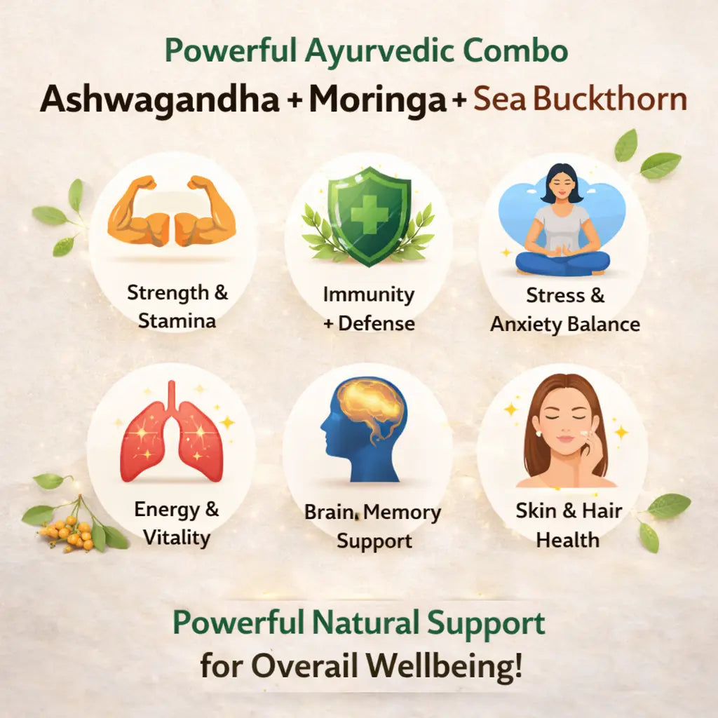 Triple Vitality Herbal Combo – Ashwagandha, Moringa & Sea Buckthorn Capsules